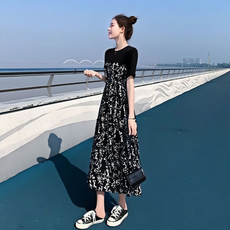 復古拼接連衣裙