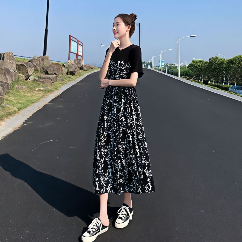 復古拼接連衣裙